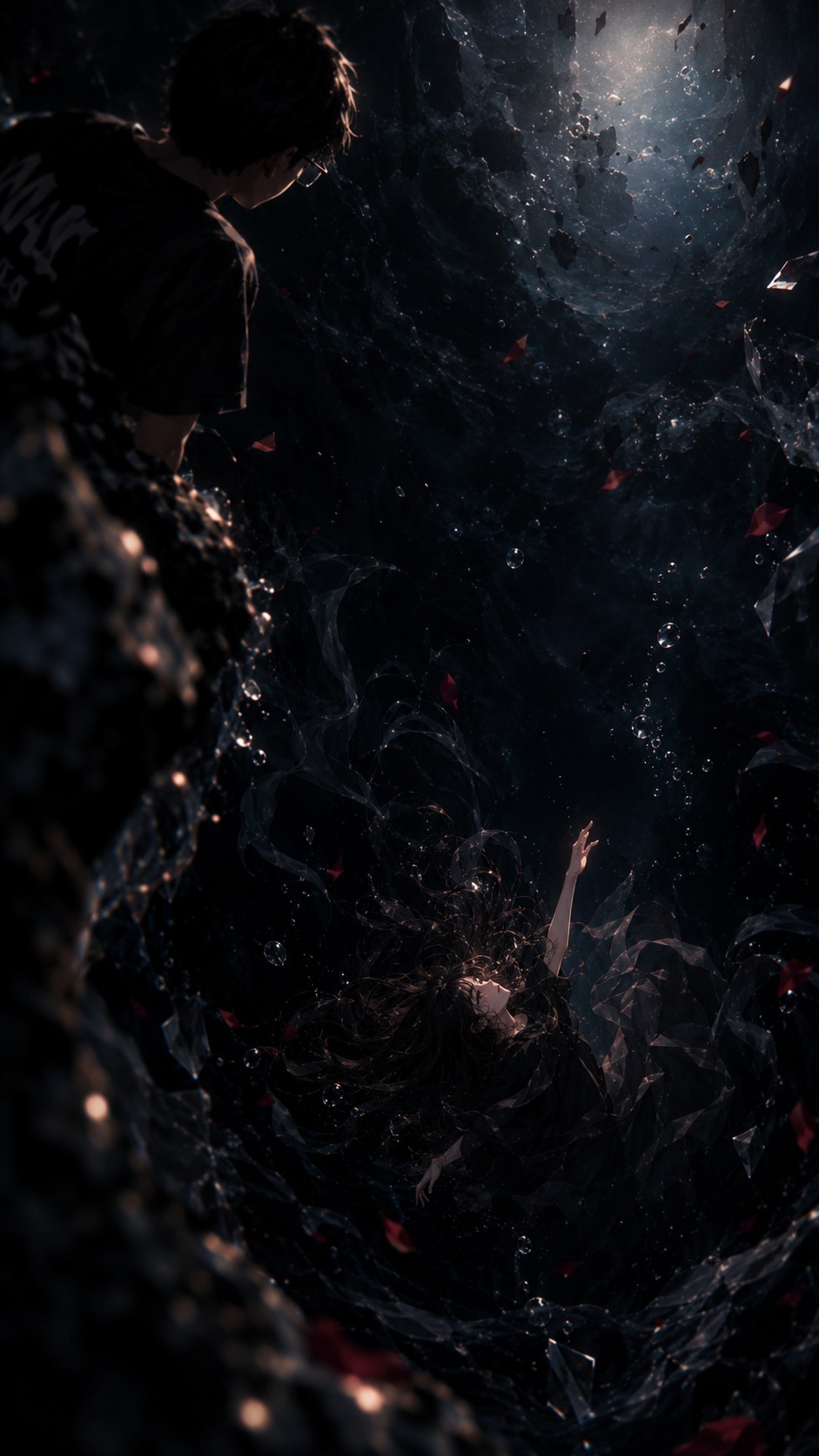 A girl sinking into the void while a boy watches