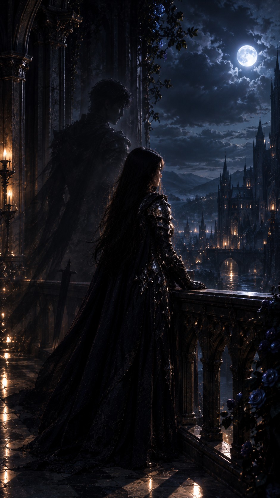 Two figures on a gothic balcony under a full moon