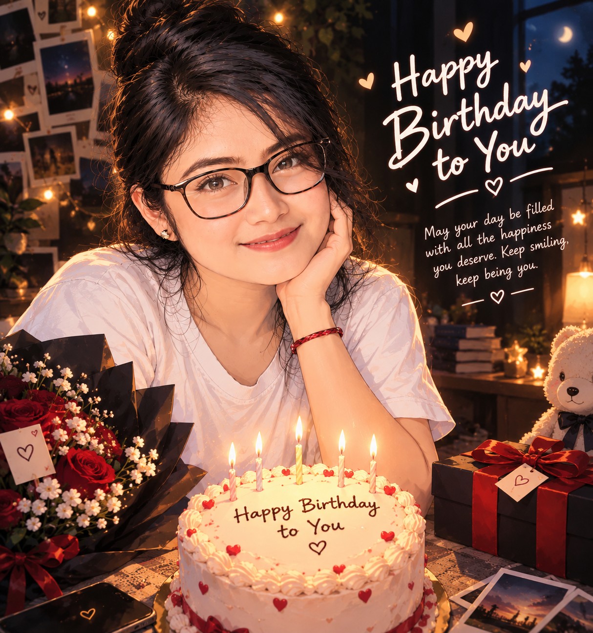 A smiling girl with glasses, birthday cake, roses and gifts