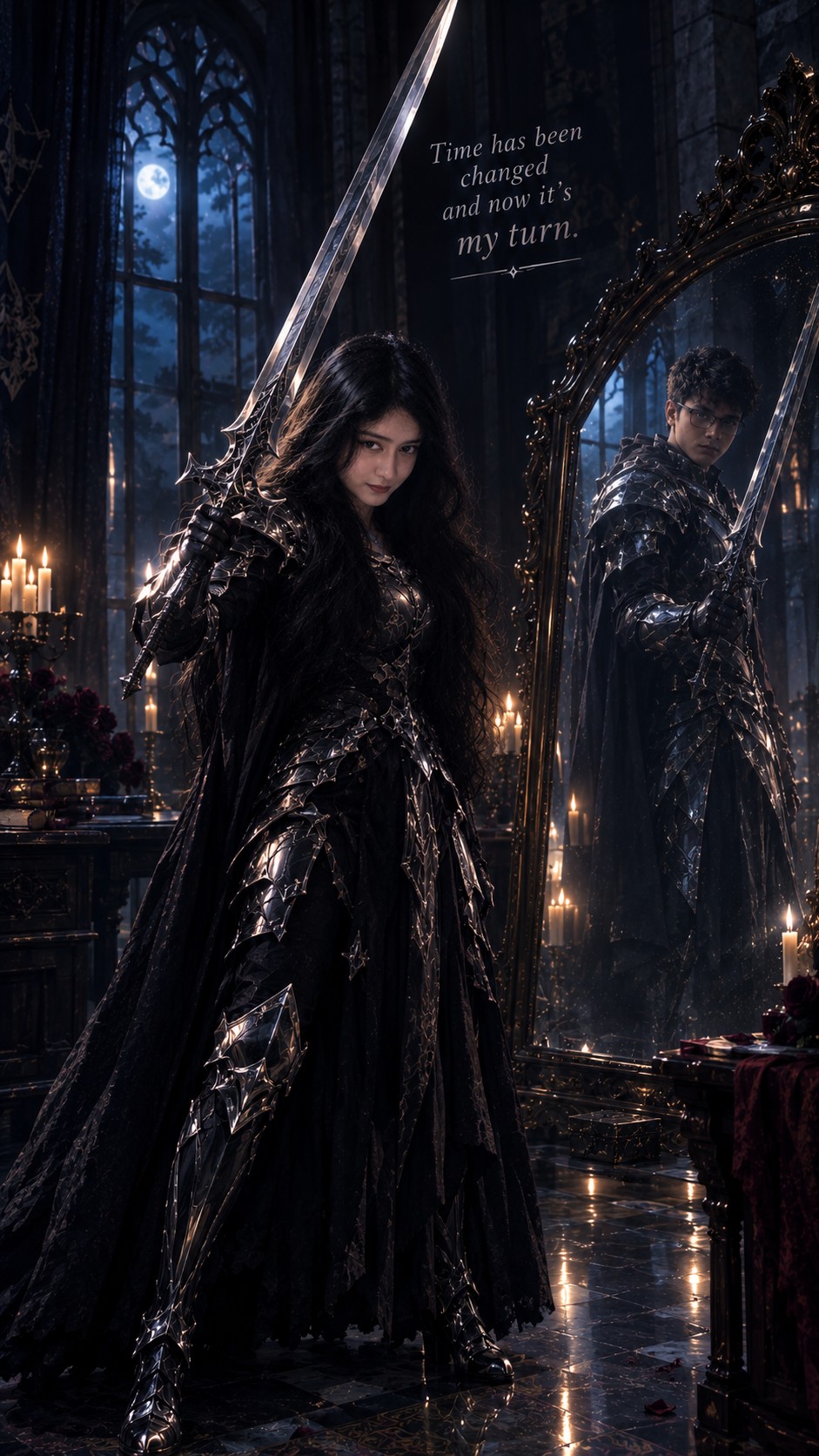 A warrior in black armor with a sword beside a mirror