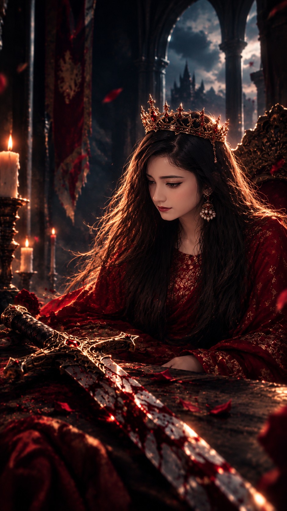 A crowned queen beside a bloodied sword